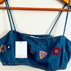 NWT Zara Embroidered Denim Crop Top Bralette Size L Boho Festival Y2K